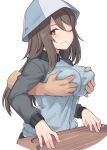  1girl bangs blue_headwear blue_jacket blush breasts brown_eyes brown_hair disembodied_limb girls_und_panzer grabbing grabbing_from_behind hat instrument jacket large_breasts long_hair long_sleeves looking_at_viewer mika_(girls_und_panzer) one_eye_closed shiseki_hirame smile tulip_hat 