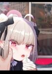  1boy 1girl ahoge black_bow black_dress blush bow dress food food_on_face grey_hair hair_bow ice_cream_cone letterboxed looking_at_viewer makaino_ririmu nijisanji open_mouth outdoors photo_background pink_eyes pointy_ears pov pov_hands reflection twintails utsusumi_kio wiping_face 