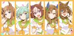  :3 :d absurdres animal_ears bangs blue_eyes border bow brown_eyes brown_hair closed_mouth confetti el_condor_pasa_(umamusume) enonko grass_wonder_(umamusume) green_hair hair_bow highres horse_ears horse_girl king_halo_(umamusume) long_hair mask neckerchief one_eye_closed open_mouth ponytail purple_eyes school_uniform seiun_sky_(umamusume) shirt short_hair short_sleeves smile special_week_(umamusume) umamusume white_background white_shirt yellow_border yellow_neckerchief 