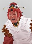  1girl absurdres bangs benienma_(fate) english_commentary fate/grand_order fate_(series) feathers gordon_ramsay grey_background headwear_request highres japanese_clothes jun_(rand) kimono meme open_mouth parody parted_bangs red_hair short_hair shouting sidelocks solo upper_body wide_sleeves wrinkled_skin 
