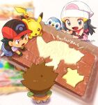  1girl 2boys all_fours ash_ketchum bangs baseball_cap beanie black_hair brock_(pokemon) brown_eyes brown_hair chibi chitozen_(pri_zen) commentary_request dawn_(pokemon) fingerless_gloves gloves grey_pants hair_ornament hairclip hands_on_hips hat jacket long_hair multiple_boys pants pikachu pink_scarf pink_skirt piplup pokemon pokemon_(anime) pokemon_(creature) pokemon_dppt_(anime) red_headwear scarf shirt shoes short_hair short_sleeves skirt sleeveless sleeveless_shirt spiked_hair twitter_username watermark white_headwear 