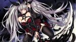  1girl bangs bare_shoulders black_legwear blush breasts burst_witch cleavage detached_sleeves earrings fishine garter_straps highres jewelry kneeling long_hair official_art parted_lips red_eyes red_nails scythe silver_hair solo thighhighs twintails very_long_hair 