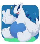 2022 3_toes 5_fingers absurd_res ai_only_dream belly blue_belly blue_body blue_eyes blue_tail emanata feet fingers gesture hi_res legendary_pok&eacute;mon looking_at_viewer lugia multicolored_body nintendo open_mouth pok&eacute;mon pok&eacute;mon_(species) solo toes tongue two_tone_body two_tone_tail v_sign video_games 