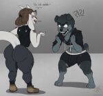  anthro bulge butt canid canine canis clothed clothing dialogue duo frozentrovador goon_(goonie_san) hi_res hybrid male male/male mammal short_stack teasing wolf 