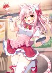 1girl :d animal_ears apron bangs bell blurry blurry_background blush bow bow_panties breasts cat_ears cat_girl cat_tail center_opening chair coffee collared_shirt commentary_request cup depth_of_field eyebrows_visible_through_hair food frilled_apron frilled_skirt frills fruit hair_between_eyes hair_bow holding holding_tray indoors long_hair looking_at_viewer mauve neck_bell original panties parfait pink_apron pink_hair puffy_short_sleeves puffy_sleeves red_bow red_footwear red_skirt shirt shoes short_sleeves single_thighhigh skirt small_breasts smile solo standing standing_on_one_leg strawberry tail thighhighs tray two_side_up underwear wafer_stick white_legwear white_panties white_shirt yellow_eyes 