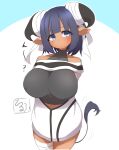  1girl absurdres animal_ears arms_behind_back bandaged_horns bandaged_leg bandages bangs bare_shoulders black_shirt blue_background blue_eyes blue_hair blush breasts closed_mouth commentary_request covered_collarbone cow_ears cow_girl cow_horns cow_tail dark-skinned_female dark_skin eyebrows_visible_through_hair head_tilt highres horns idaten93 jacket large_breasts looking_at_viewer original personification shirt sleeveless sleeveless_shirt solo tail translation_request two-tone_background white_background white_jacket 