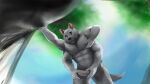  16:9 2019 4_arms 5_fingers abs anthro artist_name black_eyebrows black_nose canid canine canis cliff day detailed_background digital_media_(artwork) eyebrows fingers foreskin fur genitals green_eyes grey_body grey_fur hand_on_nipple hand_on_pecs hand_on_penis hi_res humanoid_genitalia humanoid_hands humanoid_penis leaning male mammal multi_arm multi_limb muscular muscular_anthro muscular_male nipples nude pecs penis rock sky solo uiojk widescreen wolf 