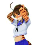  absurd_res anthro artist_name blue_eyes brown_hair clothed clothing felid female hair hi_res looking_at_viewer mammal pantherine simple_background solo synnfultiger tiger white_background 