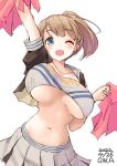  1girl armpits blue_eyes bouncing_breasts breasts brown_hair cheerleader clothes_writing cowboy_shot crop_top highres holding holding_pom_poms intrepid_(kancolle) kantai_collection large_breasts looking_at_viewer midriff miniskirt one-hour_drawing_challenge owa_(ishtail) pleated_skirt pom_pom_(cheerleading) ponytail shirt short_hair simple_background skirt solo takaramonozu underboob white_background white_shirt 