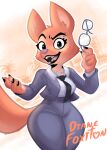  animal_humanoid anthro canid canid_humanoid canine canine_humanoid clothed clothing diane_foxington dreamworks eyewear female fox fox_humanoid fur glasses hi_res huge_thighs humanoid juanp1arts looking_at_viewer mammal mammal_humanoid open_mouth orange_body orange_fur smile solo text the_bad_guys thick_thighs 