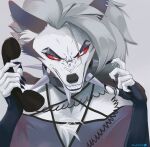  2022 anthro canid canid_demon clenched_teeth clothed clothing collar cord demon ear_piercing eyebrow_piercing facial_piercing fur hair hellhound helluva_boss hi_res holding_object holding_phone looking_at_viewer loona_(helluva_boss) mammal phone piercing solo spiked_collar spikes teeth topwear white_body white_fur xxjamiepawxx 