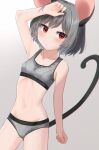  1girl animal_ears bangs breasts buruma closed_mouth cowboy_shot dakuazu eyebrows_visible_through_hair gradient gradient_background grey_background grey_buruma grey_hair groin highres looking_at_viewer mouse_ears mouse_girl navel nazrin red_eyes short_hair small_breasts solo standing tail touhou 