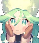  1girl bangs blue_pupils blush braid brown_mittens closed_mouth commentary eyelashes fur-trimmed_jacket fur_hat fur_trim green_eyes green_hair green_headwear hair_between_eyes hands_on_own_cheeks hands_on_own_face hands_up hat highres jacket long_hair long_sleeves looking_at_viewer pokemon pokemon_(game) pokemon_legends:_arceus sabi_(pokemon) smile solo sparkle twin_braids twintails upper_body xin_lan_deng 