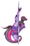  2022 absurd_res anthro aries84 black_body breasts clothing countershading dancing female flexible genitals hi_res holding_leg legwear legwear_only looking_at_viewer nintendo nipples non-mammal_breasts non-mammal_nipples one_leg_up pok&eacute;mon pok&eacute;mon_(species) pole pole_dancing portrait purple_body purple_countershading purple_eyes pussy raised_leg salazzle scalie simple_background solo spread_legs spreading stripper_pole thigh_highs three-quarter_portrait video_games white_background 