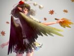  1girl autumn_leaves bird_wings black_hair black_skirt black_wings channel_ikihaji closed_mouth collared_shirt commentary_request cowboy_shot feathered_wings frilled_skirt frills hat hauchiwa leaf looking_back miniskirt pointy_ears pom_pom_(clothes) puffy_short_sleeves puffy_sleeves red_eyes red_headwear ribbon-trimmed_skirt ribbon_trim shameimaru_aya shirt short_sleeves skirt smile tokin_hat touhou white_shirt wings 