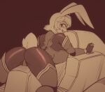  anthro big_breasts breast_squish breasts cockpit female hi_res huge_breasts lagomorph leporid looking_at_viewer looking_back lying mammal monochrome on_front rabbit scorpdk solo spread_legs spreading squish 