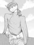  anthro black_and_white clothed clothing cloud comic digital_media_(artwork) dragon fur furred_dragon greyscale hair hi_res horn looking_aside male mammal manga monochrome ponytail prisma_faerdo prismanoodle_(artist) simple_background solo topwear white_body white_fur 