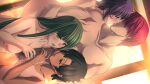  1boy 3girls aono_shiho aqua_eyes bangs blue_eyes breasts censored completely_nude dark-skinned_female dark_skin dutch_angle fellatio game_cg green_hair hair_between_eyes hand_on_another&#039;s_head hitsuki_kyouko ichijo_akira kiss kurose_mari large_breasts long_hair m&amp;m medium_breasts mosaic_censoring multiple_fellatio multiple_girls nipples nude oral penis purple_hair red_hair shiny shiny_hair short_hair straight_hair tan verethragna_seisen_no_duelist very_long_hair wet wet_hair yellow_eyes 