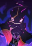  1boy ahoge allister_(pokemon) arwaiel banette bangs black_hair black_shirt bright_pupils claws collared_shirt commentary_request energy hair_between_eyes highres looking_at_viewer male_focus mask mega_banette mega_pokemon pokemon pokemon_(creature) pokemon_(game) pokemon_swsh purple_eyes shiny shiny_hair shirt short_hair suspenders white_pupils 