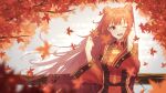  1girl ;d absurdres autumn_leaves bintz blurry blurry_foreground brown_hair dress floating_hair hand_in_own_hair highres holding holding_leaf leaf long_hair long_sleeves looking_at_viewer maple_leaf one_eye_closed original red_dress red_eyes smile solo upper_body very_long_hair wide_sleeves 