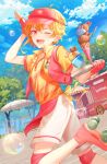  1boy 723/nanahumi ;d apple apron arm_up bangs blonde_hair blue_sky blush bubble chair cloud cloudy_sky collared_shirt commentary_request day double_scoop ensemble_stars! eyebrows_visible_through_hair food fruit hair_between_eyes heart holding holding_tray ice_cream knee_pads male_focus nito_nazuna one_eye_closed open_clothes open_vest outdoors parasol pink_headwear red_apple red_eyes red_vest roller_coaster shirt short_sleeves shorts sky smile solo standing standing_on_one_leg table tray tree triple_scoop umbrella vest visor_cap waist_apron white_shorts yellow_shirt 