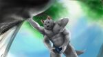  16:9 2019 4_arms 5_fingers abs anthro artist_name black_eyebrows black_nose blue_clothing blue_speedo blue_swimwear canid canine canis cliff clothing day detailed_background digital_media_(artwork) eyebrows fingers fur green_eyes grey_body grey_fur hand_on_nipple hand_on_pecs hi_res humanoid_hands leaning male mammal multi_arm multi_limb muscular muscular_anthro muscular_male nipples nude pecs rock sky solo speedo swimwear uiojk widescreen wolf 