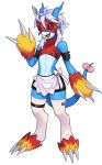  absurd_res ambiguous_gender animal_humanoid anthro apron armor armwear bandai_namco biped blue_body blue_skin catical claws clothing cute_fangs digimon digimon_(species) dragon dragon_humanoid eyes flamedramon headgear hi_res humanoid kemono legwear maid_apron mask red small_waist smile smiling_at_viewer solo spread_arms stockings 