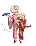  2girls ayame_(redluzhong) bangs blonde_hair brown_eyes cat_hair_ornament danganronpa_(series) danganronpa_2:_goodbye_despair dual_persona floral_print grey_background hair_ornament height_difference highres japanese_clothes kimono long_hair long_sleeves multiple_girls pink_kimono ponytail red_kimono saionji_hiyoko shiny shiny_hair shoes simple_background smile twintails wide_sleeves 