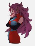  1girl android_21 breasts checkered_clothes checkered_dress dragon_ball dragon_ball_fighterz dress earrings glasses grey_background hoop_earrings jewelry kemachiku long_hair looking_at_viewer medium_breasts profile red_eyes red_hair solo 