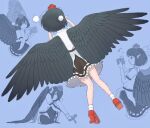  belt bird_wings black_hair black_skirt black_wings bobby_socks brown_belt camera channel_ikihaji commentary_request feathered_wings flying frilled_skirt frills geta hat holding holding_camera hugging_own_legs light_blue_background multiple_views puffy_short_sleeves puffy_sleeves red_footwear red_headwear shameimaru_aya shirt short_hair short_sleeves skirt socks tengu-geta tokin_hat touhou white_legwear white_shirt wings 