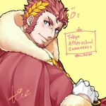  1boy blue_eyes blush claude_(housamo) copyright_name facial_hair fur-trimmed_jacket fur_trim gloves goatee heart highres hio_tksr05 jacket laurel_crown long_sideburns male_focus mature_male notice_lines red_hair santa_costume short_hair sideburns signature smile solo thick_eyebrows tokyo_afterschool_summoners twitter_username upper_body white_gloves yellow_background 