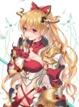  1girl armor bangs blonde_hair blush bow breasts cleavage cowboy_shot creature detached_collar elbow_pads evil_smile eyebrows_visible_through_hair faulds finger_to_mouth gauntlets granblue_fantasy groin hair_bow highres horns large_breasts long_hair navel parted_lips ponytail red_bow red_eyes revealing_clothes shaded_face simple_background smile solo underbust very_long_hair vira_(granblue_fantasy) white_background yuntae 