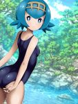  1girl arched_back blue_eyes blue_hair bright_pupils closed_mouth cloud commentary_request day freckles hairband lana_(pokemon) looking_at_viewer looking_back no_sclera norio_(pheromosa_times) one-piece_swimsuit outdoors pokemon pokemon_(game) pokemon_sm rock shiny shiny_skin short_hair sky smile solo split_mouth swimsuit swimsuit_tug water white_pupils yellow_hairband 