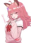  1girl :d ahoge animal_ears blush breast_suppress capelet cardigan copyright_request highres long_sleeves looking_at_viewer neck_ribbon open_mouth pink_cardigan pink_hair red_eyes red_ribbon ribbon simple_background smile solo utsusumi_kio white_background white_capelet 