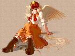  1girl animal_on_head arm_support bird bird_on_head bird_tail bird_wings blonde_hair blush boots breasts brown_footwear channel_ikihaji chick closed_mouth commentary_request dress hand_on_own_chest high_heel_boots high_heels multicolored_hair niwatari_kutaka on_head orange_dress red_hair shirt sitting small_breasts tail tail_feathers touhou two-tone_hair white_shirt wings yellow_wings 
