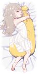  1girl absurdres bare_shoulders barefoot belt_collar blush child closed_eyes collar dakimakura_(object) dress from_above full_body grey_hair hair_down highres long_hair lying makaino_ririmu multicolored_hair nijisanji object_hug on_bed open_mouth pillow pillow_hug pointy_ears sleeping solo spaghetti_strap streaked_hair utsusumi_kio white_dress 