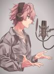  1boy collared_shirt facing_to_the_side grey_background grey_shirt headphones highres long_sleeves looking_to_the_side male_focus microphone music open_mouth pink_hair purple_eyes satomi_(stpri) shirt short_hair singing solo strawberry_prince yoshino_stpr 