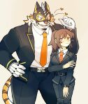  1boy 1girl animal_ears belt belt_buckle black_pants blush buckle collared_shirt cowboy_shot facial_hair female_protagonist_(live_a_hero) flirting furry furry_male gloves goatee heart live_a_hero looking_at_another mask mclw_suisei necktie orange_background orange_eyes orange_fur orange_necktie orange_theme pants ponytail pout ryekie_(live_a_hero) shirt sidelocks suit_jacket tail thick_thighs thighs tiger_boy tiger_ears tiger_tail two-tone_fur uniform watch white_shirt 