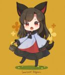  1girl animal_ears ascot basket black_ascot black_dress black_footwear boots brown_background brown_flower brown_hair character_name chibi commentary_request dress english_text eyelashes fang flower frills gem grass grey_dress hand_up imaizumi_kagerou iris_anemone jewelry leaf leg_up long_hair long_sleeves looking_to_the_side open_mouth red_dress red_eyes red_gemstone simple_background solo standing standing_on_one_leg tail tongue touhou wide_sleeves wolf_ears wolf_tail yellow_flower 