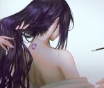  1girl dressing expansion_(pixiv76138286) facing_away from_behind genshin_impact hairdressing hand_in_another&#039;s_hair holding_another&#039;s_hair long_hair makeup_brush mitsudomoe_(shape) nape neck_tattoo off_shoulder out_of_frame purple_hair raiden_shogun shiny shiny_hair shoulder_blades simple_background solo_focus tattoo tomoe_(symbol) upper_body 