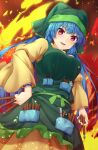  1girl absurdres apron bangs belt blue_hair blush bow breasts brown_background brush commentary_request dress eyebrows_visible_through_hair eyes_visible_through_hair fire flower frills gradient gradient_background green_apron green_belt green_bow green_headwear green_scarf hair_between_eyes hand_on_hip haniyasushin_keiki head_scarf highres jewelry juliet_sleeves large_breasts leaf long_hair long_sleeves looking_away magatama magatama_necklace necklace open_mouth pocket puffy_sleeves purple_eyes scarf smile solo standing tongue tools touhou v-shaped_eyebrows white_flower wide_sleeves yellow_dress yosshy 