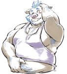  anthro belly blue_hair blush body_hair chest_hair clothing exe_exem gouryou hair hairy hairy_arms lifewonders male mammal musclegut pecs shirt solo suid suina sus_(pig) tank_top tokyo_afterschool_summoners topwear tusks video_games wild_boar 