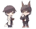  2boys animal_ears black_footwear black_hoodie black_pants black_shirt bowl brown_eyes brown_hair chibi chopsticks dog_boy dog_ears dog_tail earpiece eating food full_body holding holding_bowl holding_chopsticks hood hood_down hoodie ibuki_ai jacket kemonomimi_mode licking_lips long_sleeves male_focus miu404 multiple_boys noodles open_clothes open_jacket pants red_footwear shima_kazumi shirt shoes short_hair simple_background standing tail tongue tongue_out white_background white_jacket yusa_(yusa0751) 