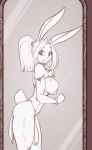 absurd_res anthro armband bracelet breasts eyebrow_through_hair eyebrows female hair hi_res jewelry lagomorph leporid looking_at_mirror looking_at_object mammal mirror monochrome rabbit scorpdk side_view solo translucent translucent_hair 