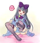  3.1-tan artist_request black_legwear blue_panties bow dress feet frilled_legwear frills hair_bow long_sleeves naughty_face os-tan panties panty_pull pov_feet sitting soles solo striped striped_panties thighhighs toes underwear 