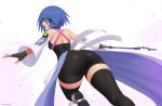  1girl aqua_(kingdom_hearts) ass bare_shoulders bike_shorts blue_eyes blue_hair blush boots breasts detached_sleeves fingerless_gloves from_behind from_below gloves keyblade kingdom_hearts kingdom_hearts_birth_by_sleep kuroonehalf looking_at_viewer looking_back medium_breasts open_mouth shiny shiny_hair short_hair showgirl_skirt sideboob smile solo thighhighs 