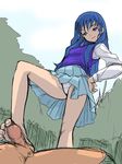  1girl akaga_hirotaka bad_feet barefoot blue_eyes blue_hair feet footjob hands_on_hips hetero long_hair long_sleeves menori mujin_wakusei_survive panties pantyshot pantyshot_(standing) penis solo_focus standing underwear upskirt 