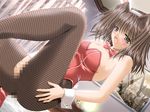  akira_(usausa) animal_ears blush brown_hair bunny_ears bunnysuit censored clothed_masturbation darling fishnet_pantyhose fishnets game_cg irie_kozue masturbation mosaic_censoring open_mouth pantyhose pussy_juice solo sweat 