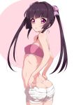  1girl ass bangs bare_shoulders black_hair blunt_bangs breasts butt_crack commentary_request cowboy_shot dimples_of_venus eyebrows_visible_through_hair from_side hair_ribbon kurihara_kenshirou long_hair midriff parted_lips pink_eyes ribbon senki_zesshou_symphogear short_shorts shorts sidelocks simple_background small_breasts solo strapless tsukuyomi_shirabe tubetop twintails twisted_torso 