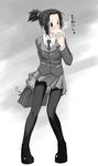  artist_request baozi black_hair black_legwear blazer blush briefcase character_request copyright_request eating food hair_bobbles hair_ornament jacket long_sleeves necktie pantyhose ponytail school_uniform skirt solo 